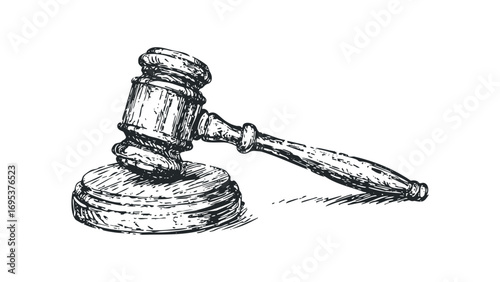 Hand drawn gavel and sounding block. Vector hand drawn illustration