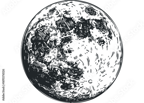 Full moon celestial body with detailed surface texture on transparent background. Vector hand drawn illustration