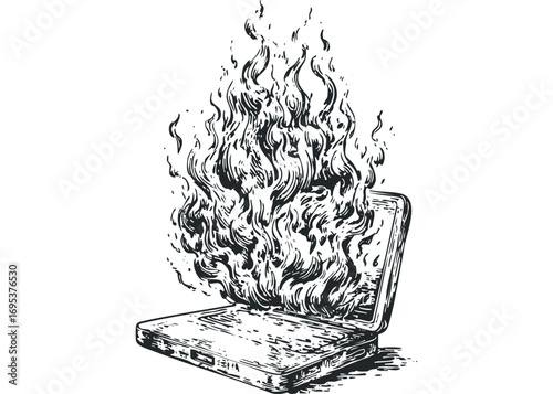 Laptop on fire sketch, image with transparent background. Vector hand drawn illustration
