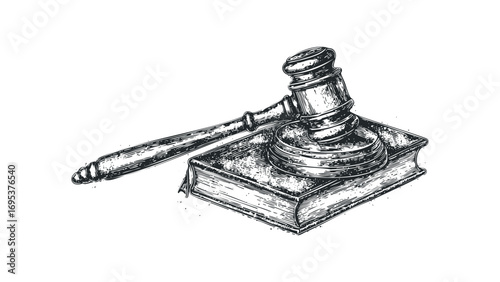Gavel resting on open book graphic on transparent background. Vector hand drawn illustration