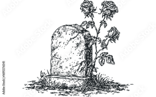 Hand drawn monument with blooming rose branch. Vector hand drawn illustration