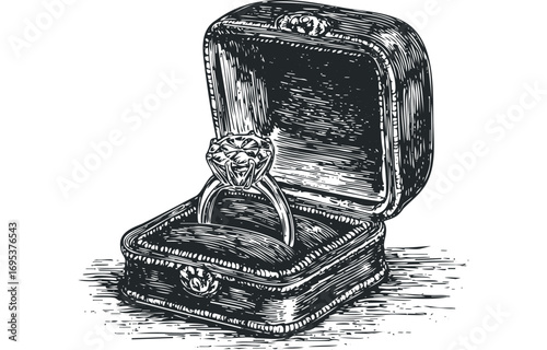 Vintage diamond ring in open velvet box image. Vector hand drawn illustration