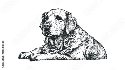 Sketch of a Golden Retriever dog lying down on white, isolated. Vector hand drawn illustration