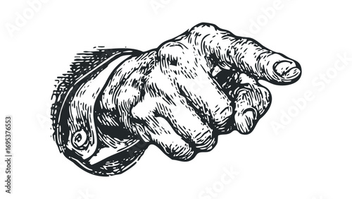 Engraved hand pointing forward on transparent background. Vector hand drawn illustration