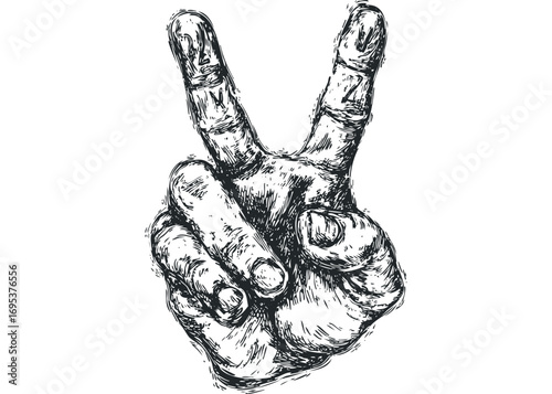 Pencil drawn hand showing two fingers up gesture on transparent background. Vector hand drawn illustration