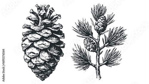 Detailed pine cone and branch with needles on transparent background. Vector hand drawn illustration