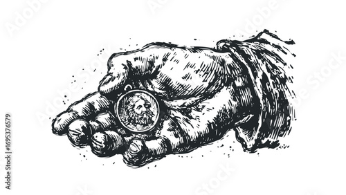 Hand holding an old coin with portrait engraving. Vector hand drawn illustration