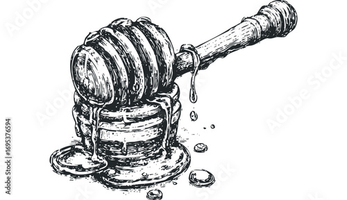 Hand drawn sketch of dripping honey dipper on transparent. Vector hand drawn illustration