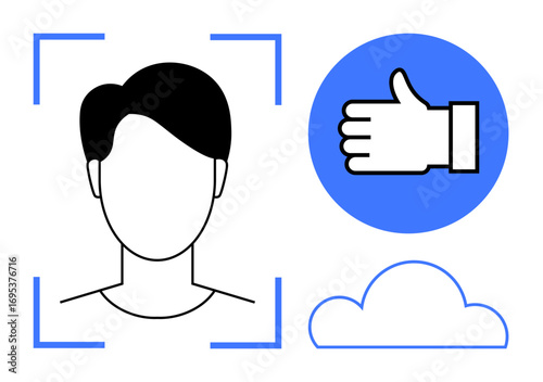 Head profile with face recognition frame, thumbs-up symbol in blue circle, and cloud icon. Ideal for AI, security, biometrics, technology, identity, networking simple landing page
