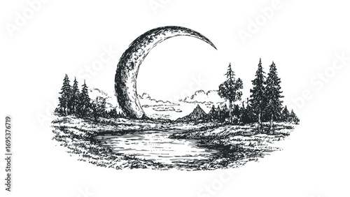 Crescent moon over woodland landscape with pond in sketch style. Vector hand drawn illustration