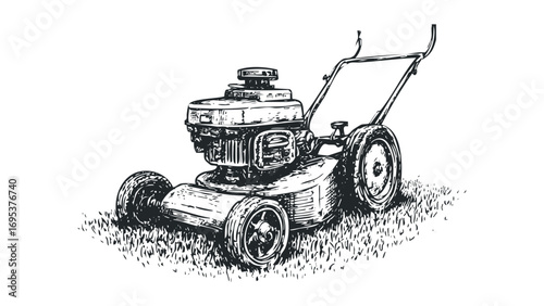Hand drawn sketch of a vintage petrol lawnmower on grass. Vector hand drawn illustration