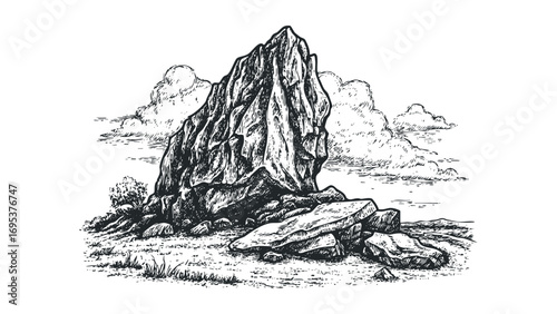 Sketchy Silhouette of Jagged Mountain Peak and Clouds. Vector hand drawn illustration