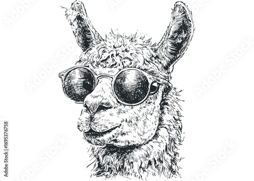 Line Drawing Llama Wearing Round Sunglasses Transparent. Vector hand drawn illustration