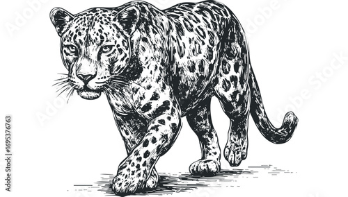 Leopard walking on transparent background sketch. Vector hand drawn illustration