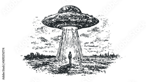 Isolated person standing in a beam of light from a flying saucer. Vector hand drawn illustration