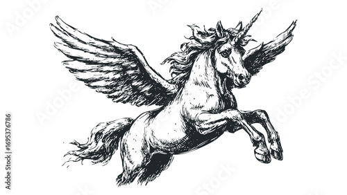 Sketch of a winged unicorn with a flowing mane on a transparent background. Vector hand drawn illustration