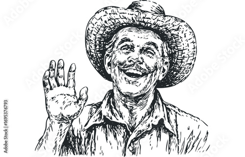 Smiling Man with Straw Hat Waving Hand on Transparent. Vector hand drawn illustration