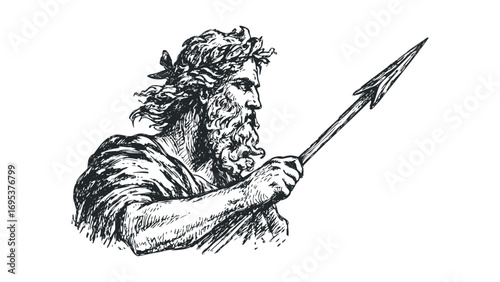Pencil sketch portrait of a bearded man holding a spear. Vector hand drawn illustration