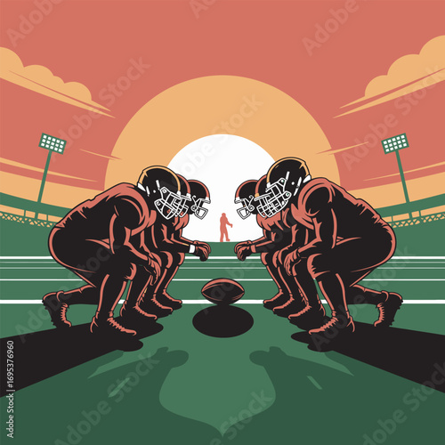 American Football Team Line Up at Sunset Vector Graphic Illustration