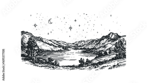 Pristine mountain lake under a starry night sky. Vector hand drawn illustration