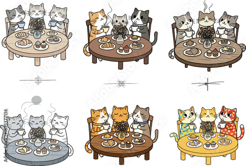 Cute cats drinking tea, eating snacks, cozy feline gathering, cartoon illustration, adorable animal friends, relaxing afternoon tea, kitty cafe scene