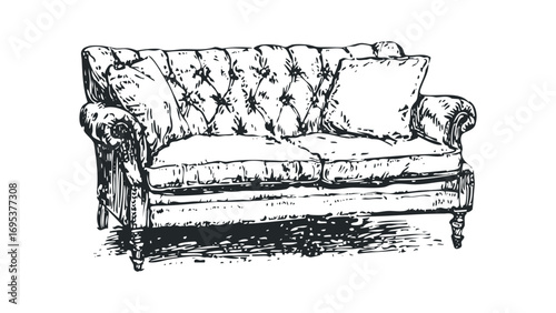 Pencil Sketch of a Tufted Chesterfield Sofa with a Pillow on Transparent. Vector hand drawn illustration