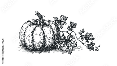 Hand Drawn Etching Style Pumpkin with Vine. Vector hand drawn illustration