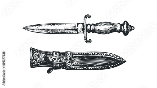 Ornate dagger with detailed scabbard on transparent background. Vector hand drawn illustration