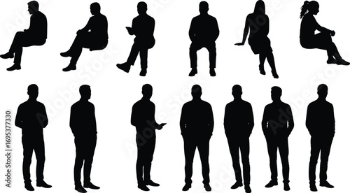 Silhouette of business people sitting and standing, office workers in casual poses, men and women group collection illustration vector