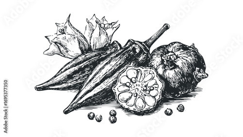 Hand drawn okra and gourd slice on transparent. Vector hand drawn illustration