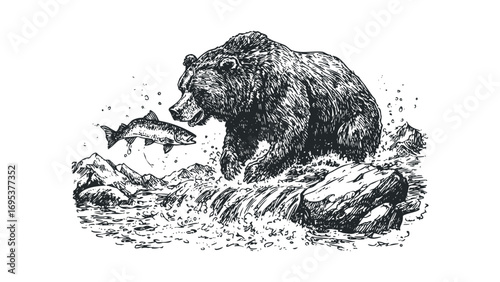 Bear hunting salmon in a river. Vector hand drawn illustration