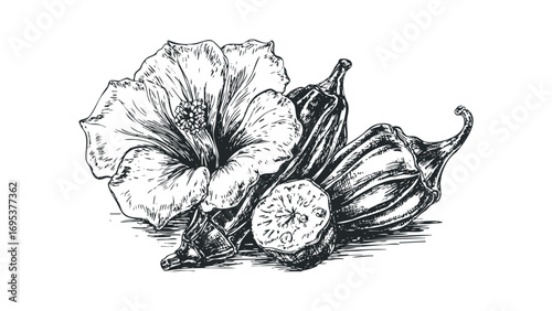 Detailed botanical line art of hibiscus flower and okra pods on transparent background. Vector hand drawn illustration