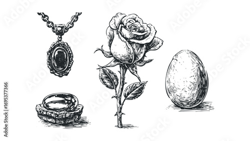 Hand drawn sketch of rose pendant and egg on transparent background. Vector hand drawn illustration