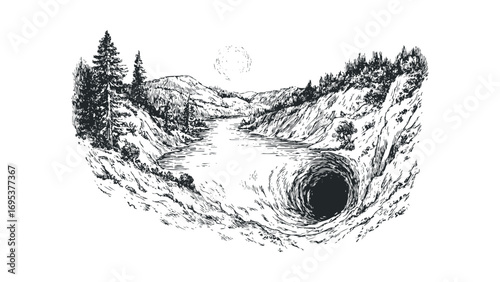 Hand drawn sketch of a black hole opening in a rocky landscape with trees and water. Vector hand drawn illustration