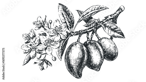 Orchard branch with ripening fruit and blossoms. Vector hand drawn illustration