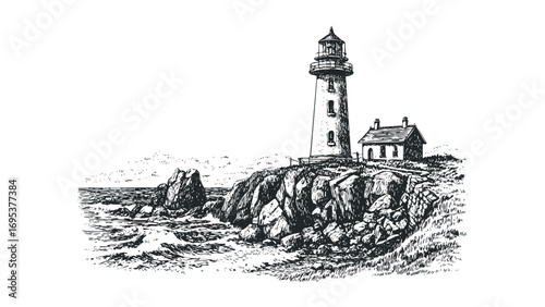 Sketch of a lighthouse and keeper's house on a rocky coast with crashing waves. Vector hand drawn illustration