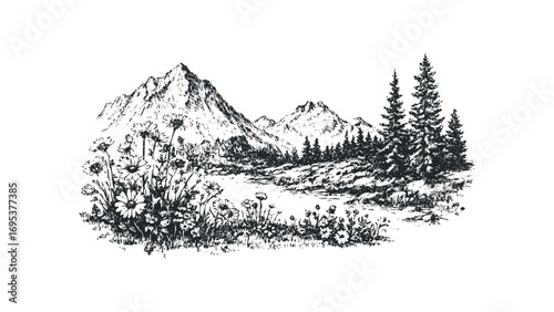 Sketch of a mountainous landscape with pine trees and wildflowers. Vector hand drawn illustration