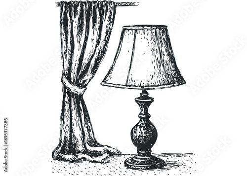 Hand-drawn sketch of a table lamp with draped curtains on a white transparent background. Vector hand drawn illustration