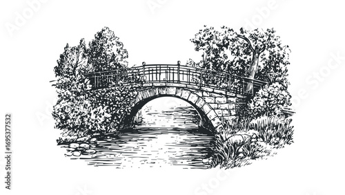 Stone arch bridge over river with foliage and railing. Vector hand drawn illustration