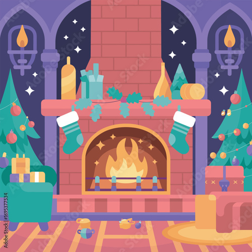 Cozy Fireplace Scene with Decorated Mantel and Gifts Illustration
