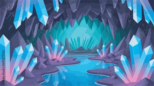 Crystal Cave Landscape with Underground Lake and Stalactites Illustration