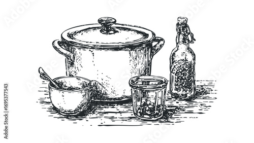 Hand-drawn still life of kitchenware and preserved food items. Vector hand drawn illustration