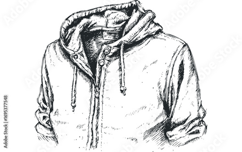 Sketch of a hooded jacket with drawstring and button closure on transparent background. Vector hand drawn illustration