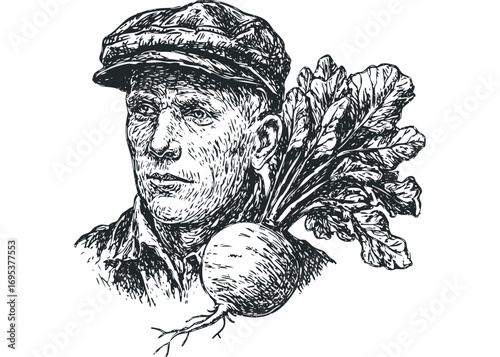 Man wearing cap with beet vegetable and leafy greens. Vector hand drawn illustration