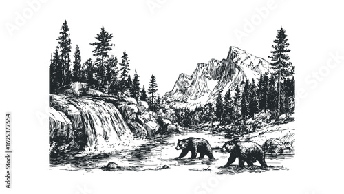 Two grizzly bears walking through a stream with waterfall and forest landscape. Vector hand drawn illustration