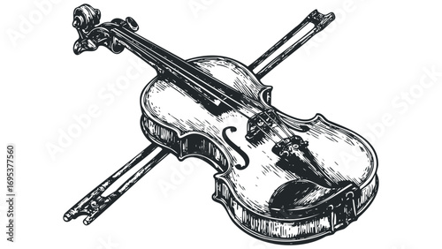 Detailed sketch of a violin with a bow on transparent background. Vector hand drawn illustration