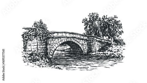 Arch bridge spanning a river with trees and foliage. Vector hand drawn illustration
