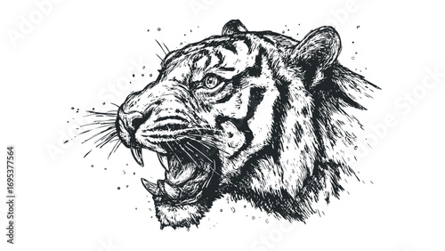 Fierce Tiger Head Roaring With Open Mouth on Transparent Background. Vector hand drawn illustration