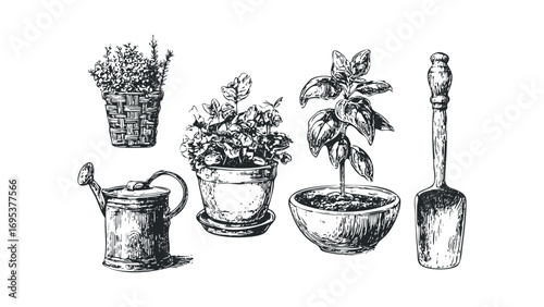 Collection of potted herbs and gardening tools. Vector hand drawn illustration