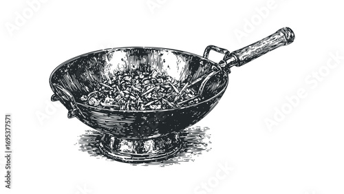 Hand drawn sketch of a wok pan with food, cut out transparent